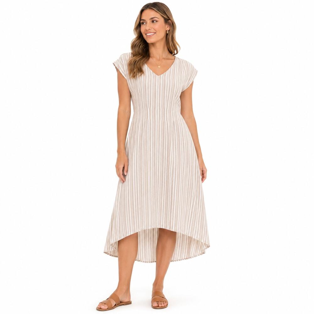 Naif Tan and White Striped Linen Blend High-Low A-Line Midi Dress